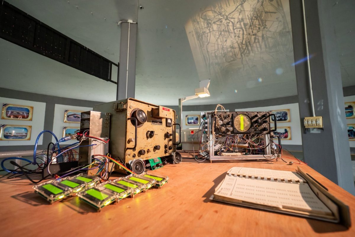 THE BOX installation with modified equipment and a projected image